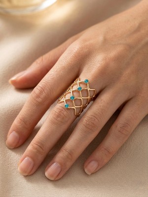 Mavi Taşlı Sarmal Gold Yüzük