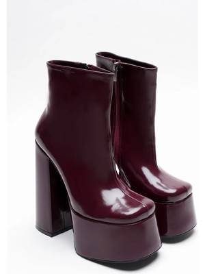 Ayakkabı Ateşi Kadın Bordo Rugan Fermuarlı Orta Boy Platform Topuklu Bot Mondero