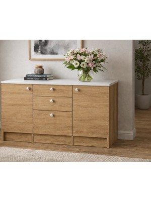 T Designo Kora Alt Modül-Çok Amaçlı Dolap -150 cm -2 Kapaklı-3 Çekmeceli-Laminat Beyaz Tezgah Dahil