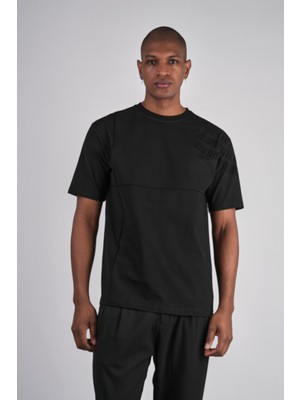 Ex-pent Erkek Dikim Detaylı Regular Kalıp Omuz Flok Baskılı Pamuklu Siyah T-Shirt