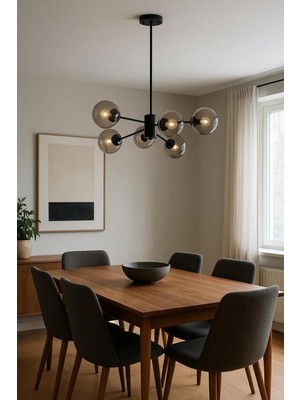 Ömür Avize Rita Modern Siyah Kasa Füme Kapalı Ithal Camlı Altılı Avize