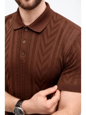 Çamaşır Kenti Erkek Yazlık Triko Tişört Kısa Kol Polo Yaka Düğmeli T-Shirt - Kahverengi