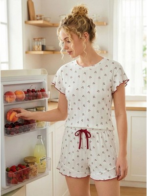 Pijamoni Kadın Pamuklu Ribana Kumaş Baskılı Şortlu D. Beyaz Pijama Takımı