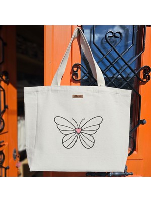 Bumudur Aksesuar Kalp Motifli Kelebek Tasarımı Butterfly Design With Heart Motif Baskılıı Naturel Kanvas Bez Çanta Sap Beyaz Cırt Cırtlı Suluk Tutuculu - Büyük