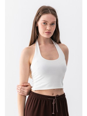 Warasiva Kadın Beyaz %100 Pamuk Boyun Geçmeli Halter Yaka Çift Kat Crop Top Body