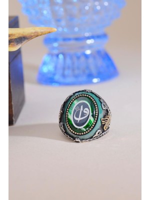 İnnuendo Jewelry 925 Ayar Gümüş Yeşil Taşlı Hz.ali Yazılı Erkek Yüzük (Osmanlı Model)