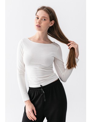 Warasiva Kadın Beyaz %100 Pamuk Ultra Soft Kayık Yaka Uzun Kol Bluz