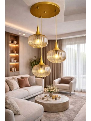 Ömür Avize Pare 3lü Eskitme Gold Kasa Sarkıt Avize