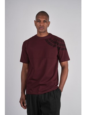 Ex-pent Erkek Dikim Detaylı Regular Kalıp Omuz Flok Baskılı Pamuklu Bordo T-Shirt