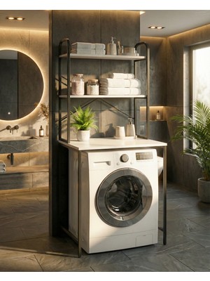 Gold Falez Çamaşır Makinesi Dolabı 2 Katlı Geniş Depolama Raf Ünitesi Metal Banyo Organizer Standı 260 Siyah