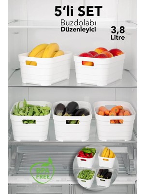 Meleni Home 5'li 3800 ml Buzdolabı Düzenleyici - Mutfak Banyo Dekoratif Dolap Içi Çok Amaçlı Organizer Beyaz