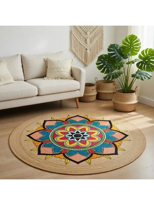 Kilim Home Boho 940 Renkli Mandala Desenli Natural Doğal Jüt