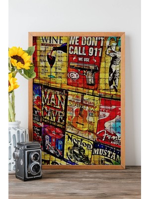 Artavessa Tek Parça Gerçek Ham Ahşap Çerçeveli Popart Mosaic Çizgili Tablo - Model 13