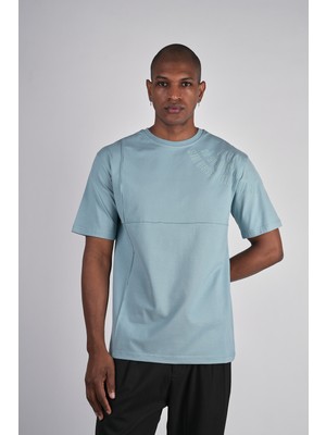 Ex-pent Erkek Dikim Detaylı Regular Kalıp Omuz Flok Baskılı Pamuklu Mavi T-Shirt