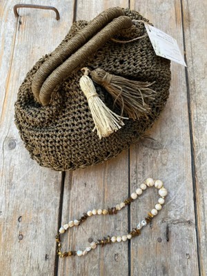 El Yapımı Hasır Tarzı Kağıt Ip Çanta – Nefti Yeşil Püsküllü El Çantası