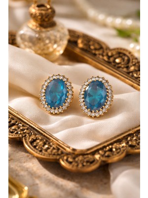 Silveranka 925 Ayar Gümüş Otantik Aqua Oval Taşlı Hürrem Sultan Küpe