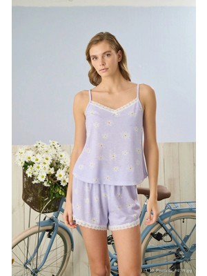 Pijamoni Kadın Ip Askılı Dantel Detaylı Papatya Desenli Lila Şort Takımı