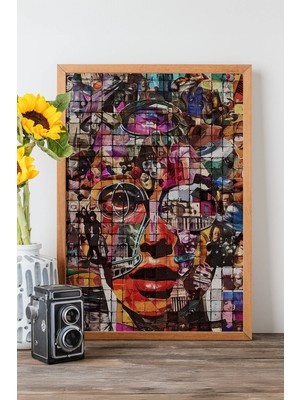 Artavessa Tek Parça Gerçek Ham Ahşap Çerçeveli Popart Mosaic Çizgili Tablo - Model 18