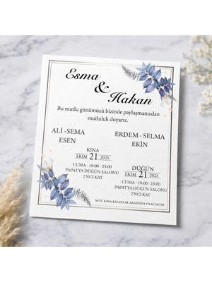 Gmt Ambalaj Mavi Çiçekli Modern Düğün Davetiyesi – 350 gr Kuşe Baskı