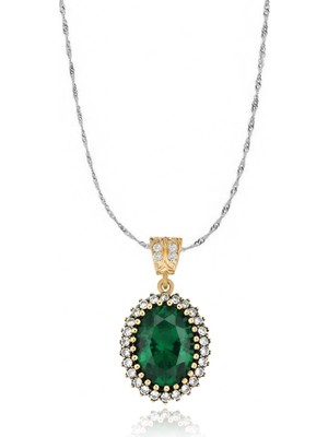 Silveranka 925 Ayar Gümüş Otantik Zümrüt Yeşili Oval Taşlı Hürrem Kolye