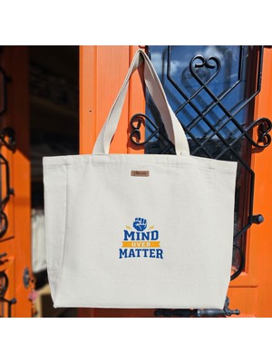 Bumudur Aksesuar Zihin Gücü Üzerinde Baskılıı Naturel Kanvas Bez Çanta Sap Beyaz Cırt Cırtlı Suluk Tutuculu - Küçük