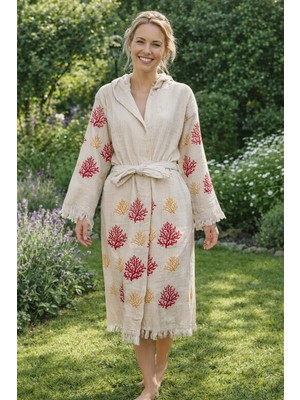 Hayalet Kırmızı Mercan Desenli Pamuk Müslin Bornoz Kapüşonlu Kimono