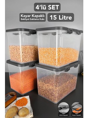 Meleni Home 4'lü 15 Lt Kayar Kapaklı Bakliyat Saklama Kabı - Sürgülü Kilitli Kapak Şeker Un Kabı Erzak Kabı Gri