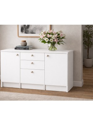 T Designo Kora Alt Modül-Çok Amaçlı Dolap -150 cm -2 Kapaklı-3 Çekmeceli-Laminat Beyaz Tezgah Dahil