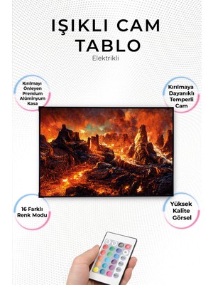 Yanardağ Modern Işıklı Volkan ve Lav Manzarası Tasarımlı Cam Tablo