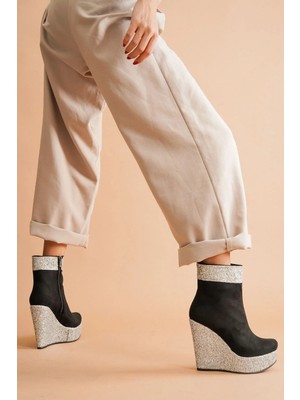 Ayakkabı Ateşi Daina Siyah Süet - Gümüş Simli Dolgu Topuklu Kadın Bot