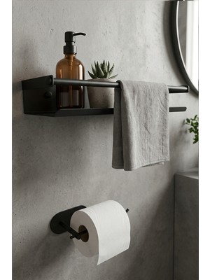 Zift Unique Paslanmaz Çelik Mat Siyah Yapışkan Montaj Banyo Rafı - Tuvalet Kağıdı Askısı Set