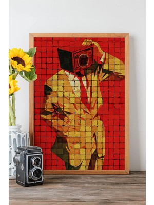 Artavessa Tek Parça Gerçek Ham Ahşap Çerçeveli Popart Mosaic Çizgili Tablo - Model 22