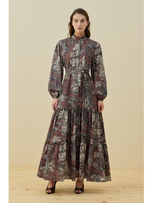 Merwishop Etek Ucu Fırfır Detay Desenli Bloom Elbise 1727 Kahverengi