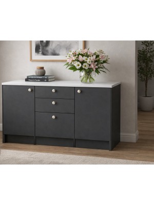 T Designo Kora Alt Modül-Çok Amaçlı Dolap -150 cm -2 Kapaklı-3 Çekmeceli-Laminat Beyaz Tezgah Dahil