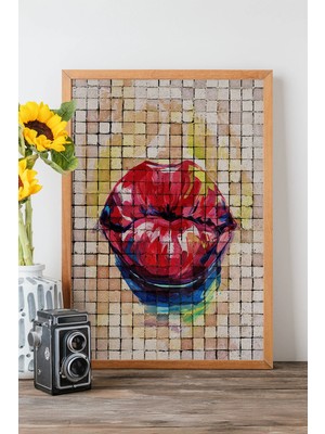 Artavessa Tek Parça Gerçek Ham Ahşap Çerçeveli Popart Mosaic Çizgili Tablo - Model 15