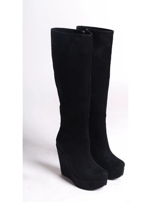 Ayakkabı Ateşi Siyah Süet Dolgu Topuklu Kadın Çizme Kelly