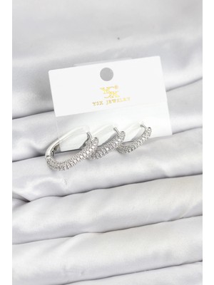 Pileli Store Pirinç Gümüş Renk Zirkon Taşlı Halka Model Ysx Trio Küpe Seti