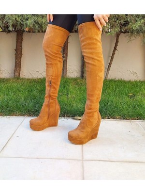 Ayakkabı Ateşi Blood Taba Süet Dolgu Topuklu Diz Üstü Kadın Çizme