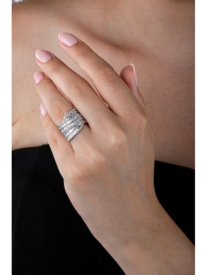 Innuendo Jewelry 925 Ayar Gümüş Kalın Taş Tasarımlı Üç Bant Yüzük