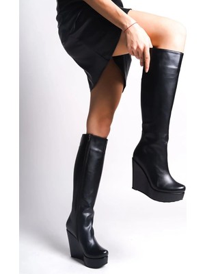 Ayakkabı Ateşi Siyah Cilt Dolgu Topuklu Kadın Çizme Kelly