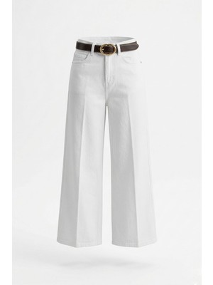 Magarde Premium Kemerli Flare Jean- Beyaz
