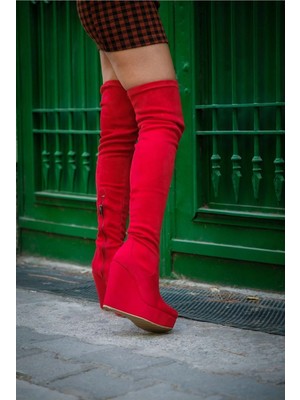 Ayakkabı Ateşi Blood Kırmızı Süet Dolgu Topuklu Diz Üstü Kadın Çizme