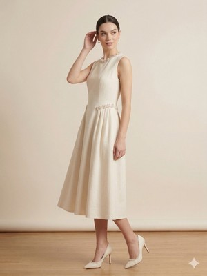 Ekol Beli ve Yakası Incili Elbise 6908