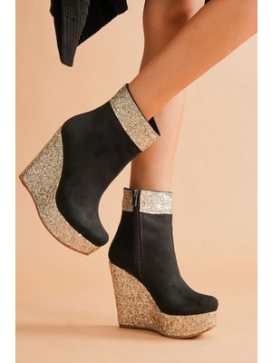 Ayakkabı Ateşi Daina Siyah Süet - Gold Simli Dolgu Topuklu Kadın Bot