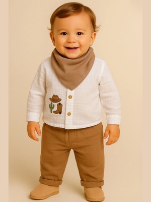 Müslin Kumaş Kovboy Desenli Erkek Bebek 3’lü Takım