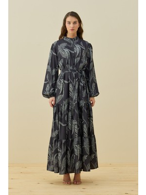 Merwishop Etek Ucu Fırfır Detay Desenli Düğmeli Estope Elbise 1659 Siyah