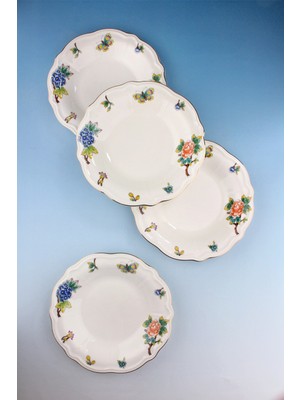 Bursa Porselen Dekor Çiçek Buketi Altın Yaldızlı 4 Parça Porselen Yemek Tabağı