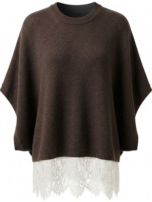 Magarde Yarasa Kol Eteği Dantel Detaylı Merserize Bluz- Kahverengi