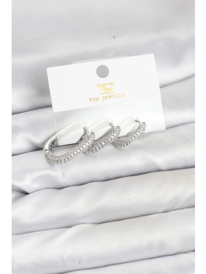 Pileli Store Pirinç Gümüş Renk Zirkon Taşlı Halka Model Ysx Trio Küpe Seti - TJ-BKP11571