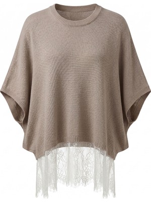 Magarde Yarasa Kol Eteği Dantel Detaylı Merserize Bluz- Bej